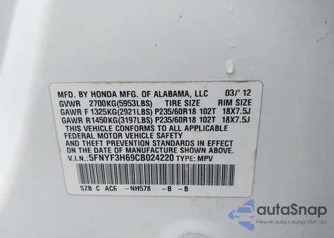 2012 Honda Pilot Ex-L z USA, uszkodzony, nr VIN 5FNYF3H69CB024220